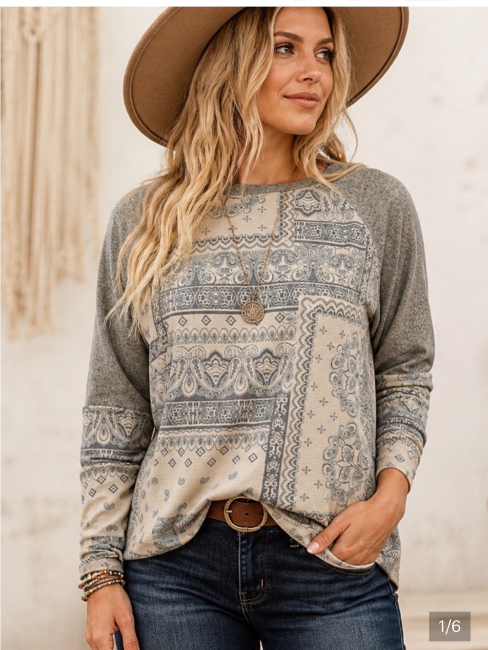 Daytrip Gray Patchwork Print Raglan Sweatshirt. Oversized